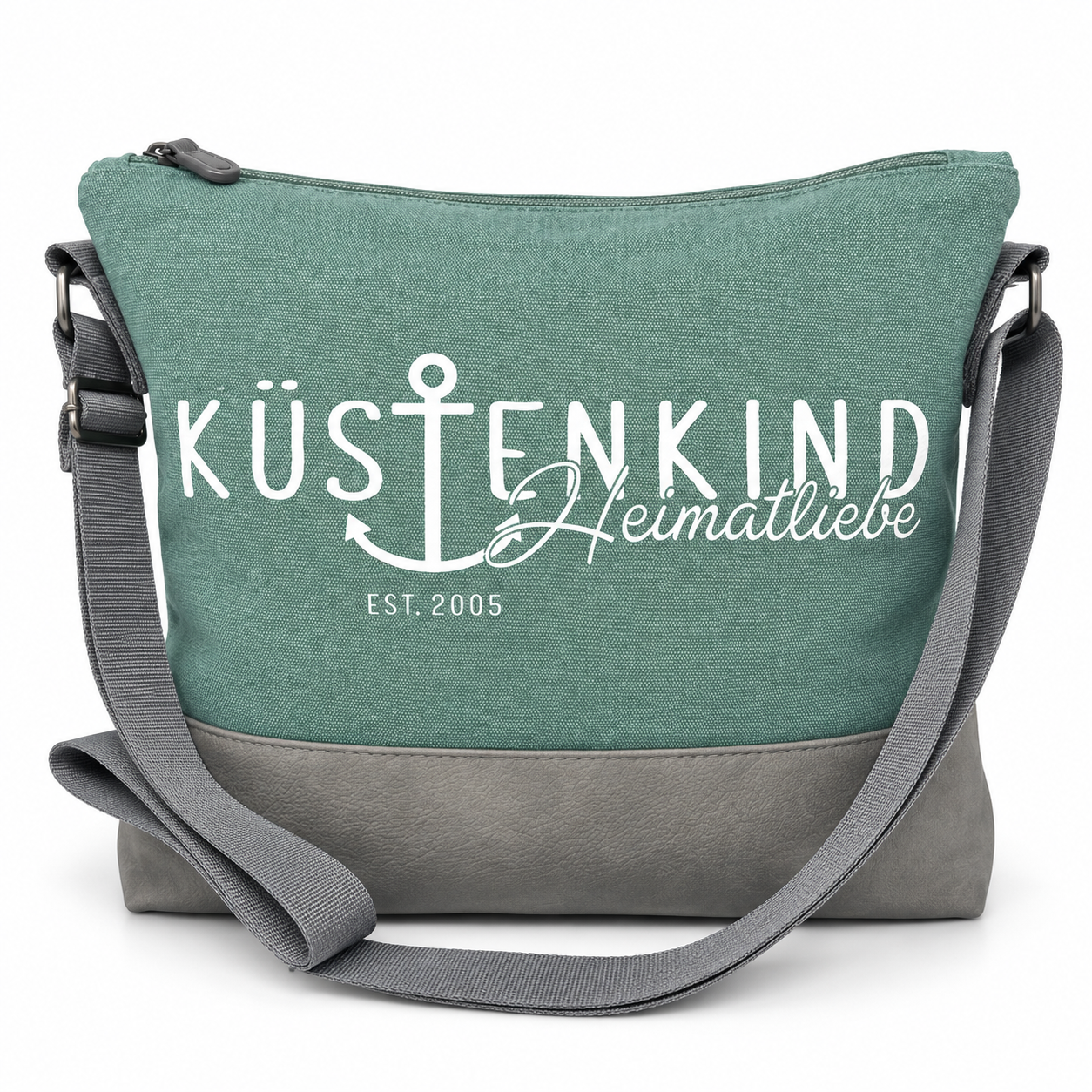 Küstenkind Heimatliebe Umhängetasche in Mintgrün mit grauem Boden und Schultergurt