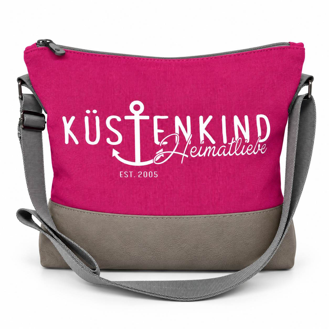 Küstenkind Heimatliebe Umhängetasche in Pink mit grauem Boden und Schultergurt