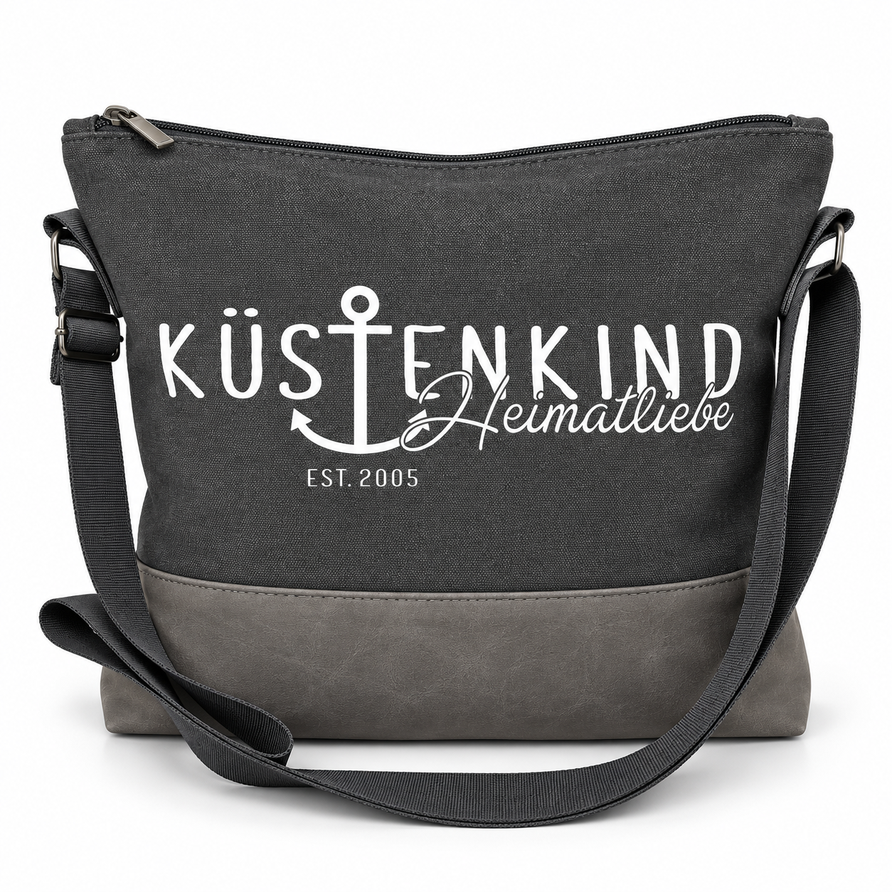 Küstenkind Heimatliebe Umhängetasche in schwarz mit grauem Boden und schwarzem Schultergurt
