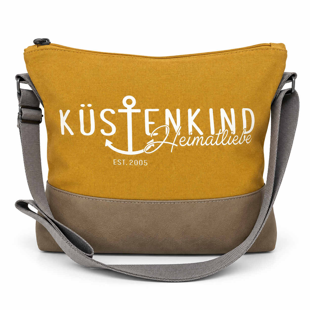 Küstenkind Heimatliebe Umhängetasche in Senfgelb mit grauem Boden und Schultergurt